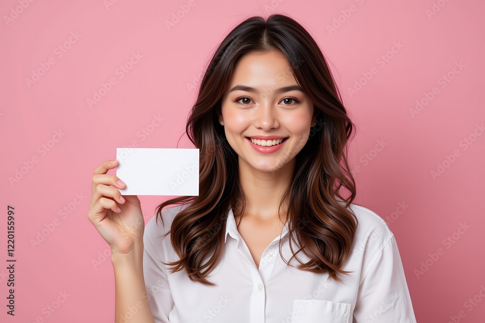 Attractive Asian Woman Holding Blank White Card Pink Background Smiling Portrait Attractive Asian Woman Holding Blank White Card Pink Background Smiling Portrait
