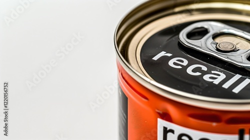 Close-up of unopened canned food with recall label on clean white background, slight tilt emphasizing label, copy space for text.