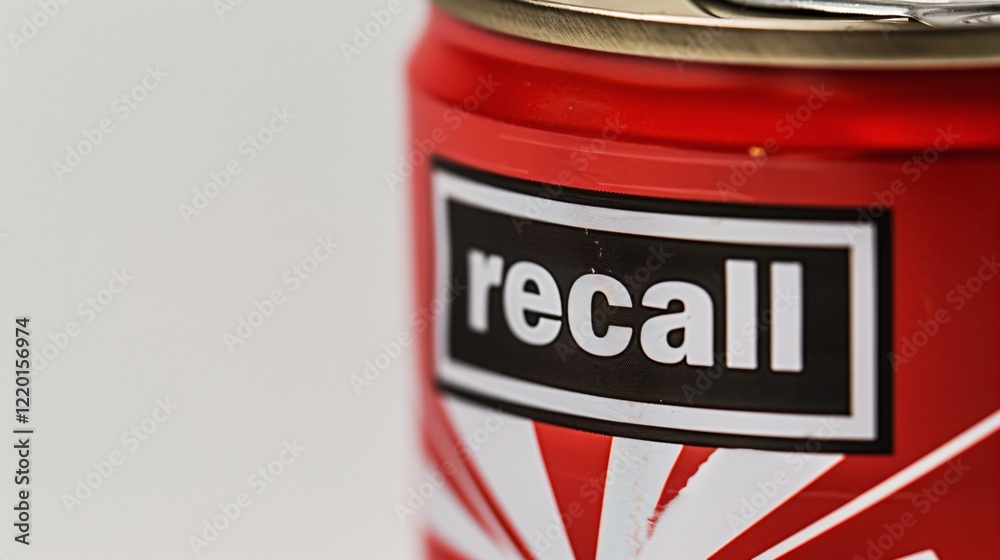 Close-up of unopened canned food with recall label on clean white background, slight tilt emphasizing label, copy space for text. Close-up of unopened canned food with recall label on clean white background, slight tilt emphasizing label, copy space for text.