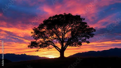 Majestic Sunset Silhouette: A Lone Tree Against Vibrant Sky