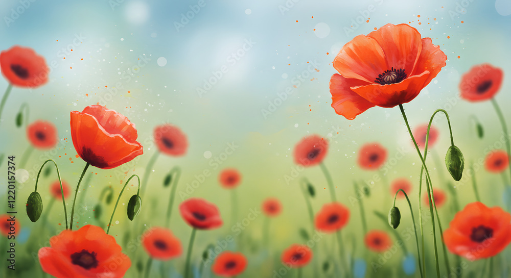 Fototapeta premium Watercolor depiction of poppy flowers as a background.
