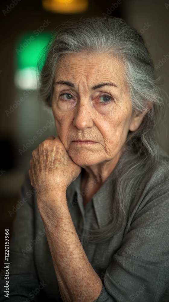 Pensive Elderly Woman  Grey Hair  Thoughtful Senior  Indoor Portrait