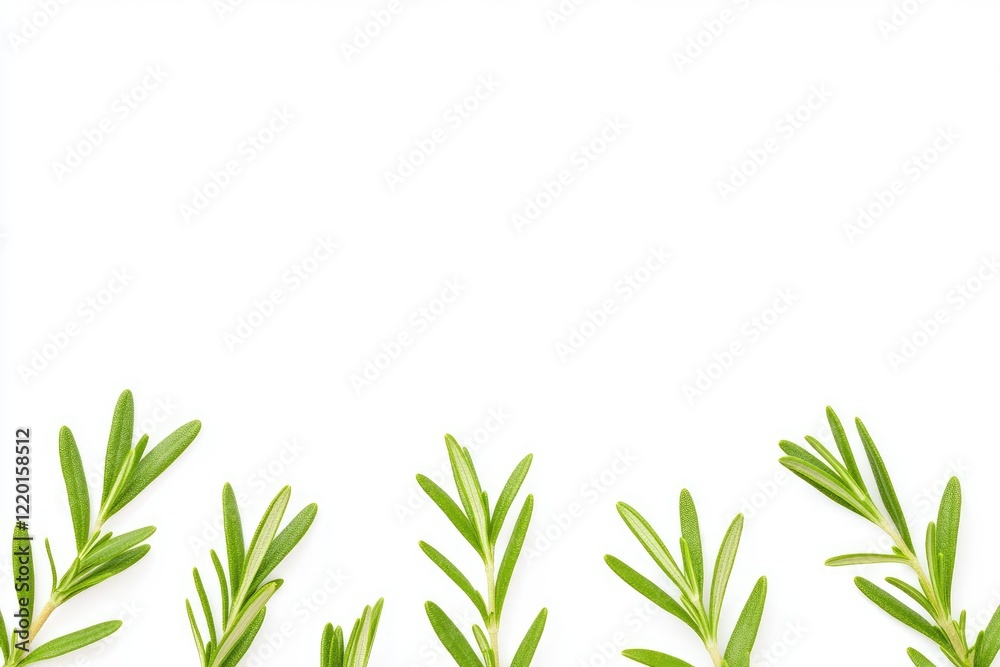 Fresh green rosemary sprigs arranged on a clean white background, ideal for culinary and health-related uses Fresh green rosemary sprigs arranged on a clean white background, ideal for culinary and health-related uses