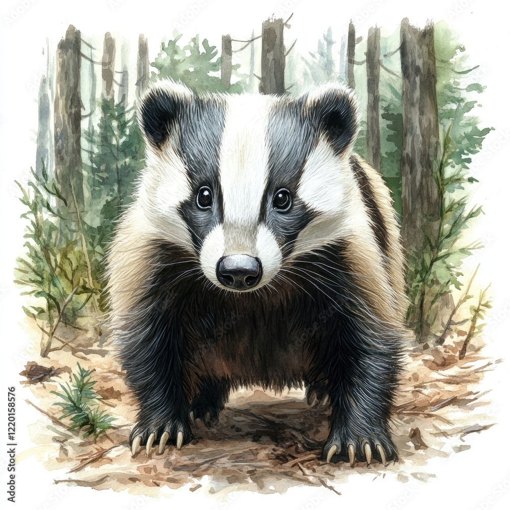 Fototapeta premium A curious badger stands in a serene forest, surrounded by tall trees and soft underbrush, exploring its habitat