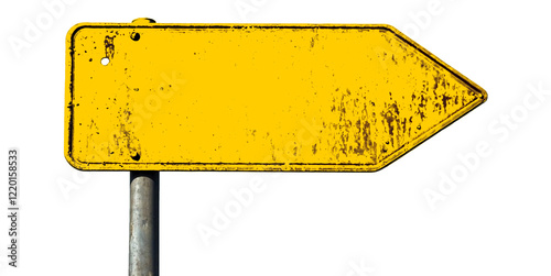 Rusty yellow road sign arrow pointing left isolated on white background, PNG