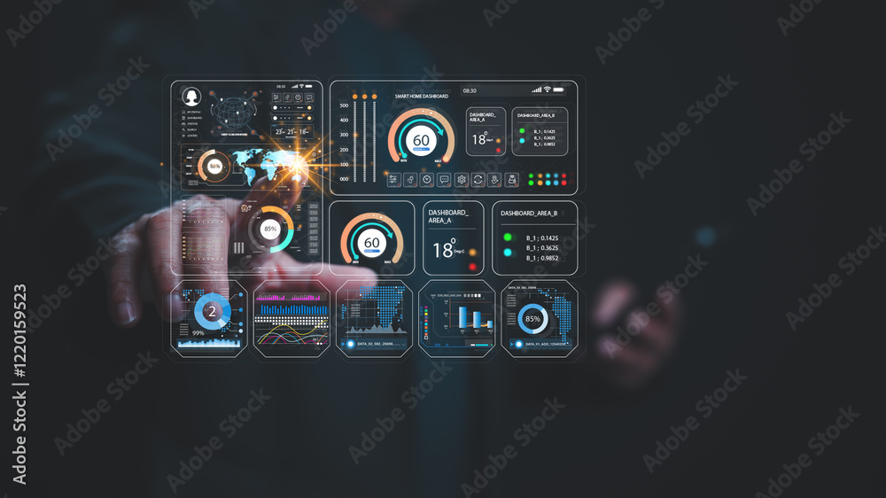 Fototapeta premium Futuristic Smart Home Dashboard Interface, Sleek, interactive interface smart home data and analytics, illuminated against dark background, emphasizing technologys role in modern living
