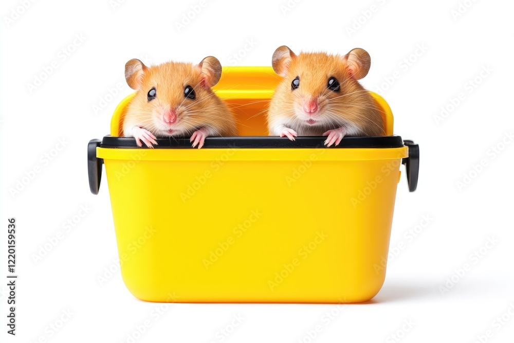 Two adorable hamsters peek out from a bright yellow container, set against a clean white background Two adorable hamsters peek out from a bright yellow container, set against a clean white background