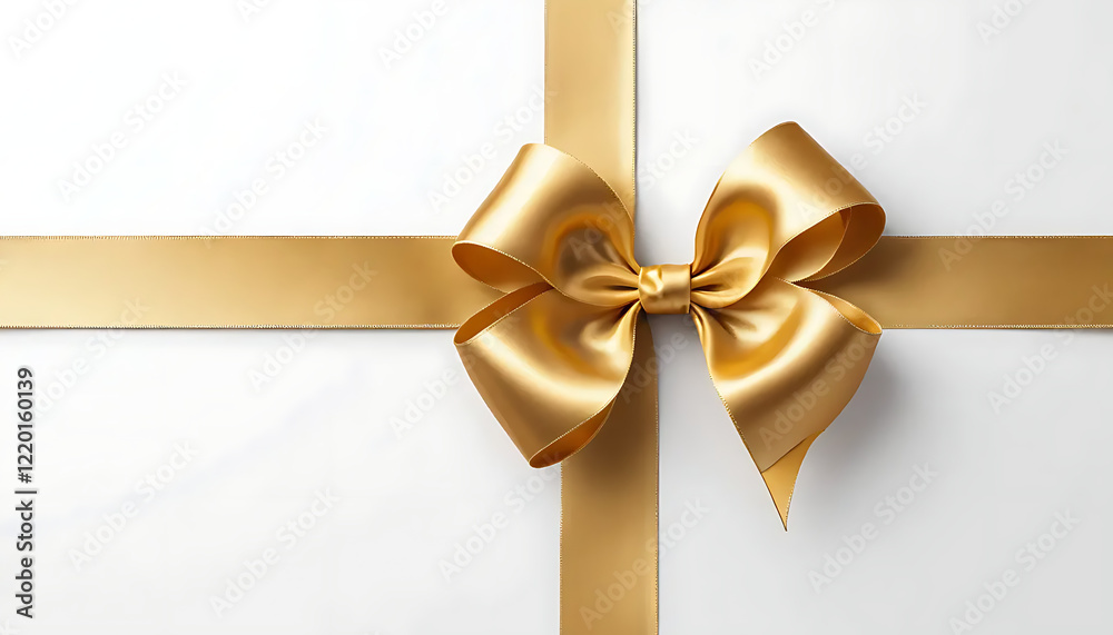 Fototapeta premium Elegant Gold Ribbon Bow on White Gift Background