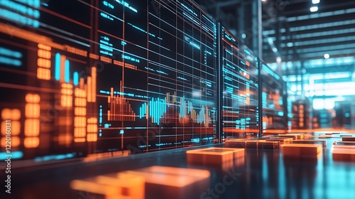 An ERP system interface showing interconnected modules for finance, HR, and logistics, with ample space for text on the side