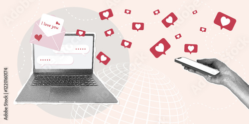 A trendy halftone collage. Concept of online communication, receiving mail, congratulating each other, mutual sympathy. Hand holding a modern phone and laptop,social media icon in the form of a heart.