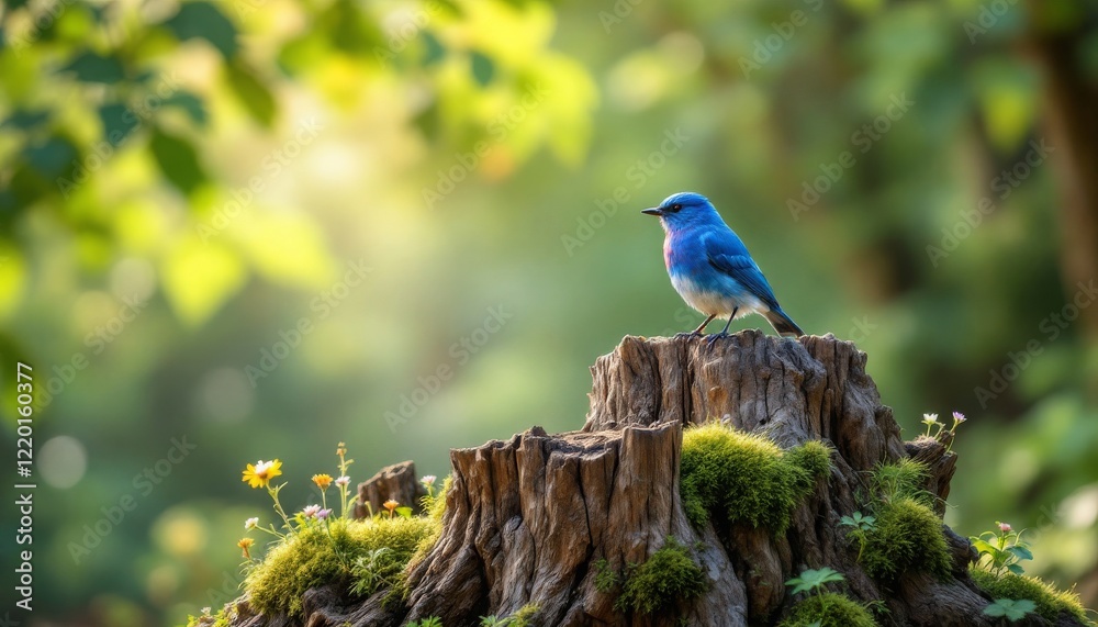 Fototapeta premium Vibrant Bluebird Perched on a Forest Stump