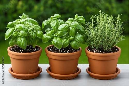 Growing fresh herbs basil and rosemary in pots home garden green environment close-up photo