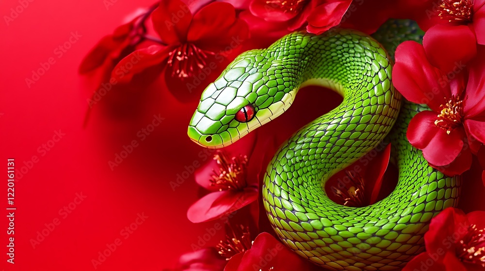 Fototapeta premium Emerald Serpent Amidst Crimson Blossoms: A Captivating Contrast of Nature's Beauty