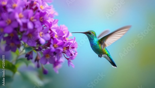 Vibrant Hummingbird Sipping Nectar from Purple Blossoms