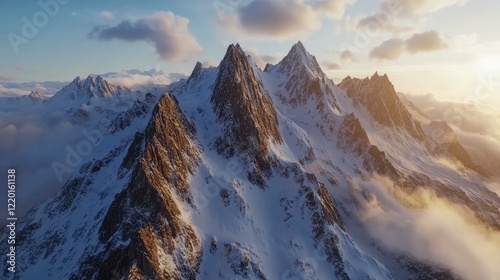 Wallpaper Mural Aerial view of rugged, snow-capped mountains with sharp peaks, soft clouds drifting around the tops, and sunlight casting warm highlights on the snow. Torontodigital.ca
