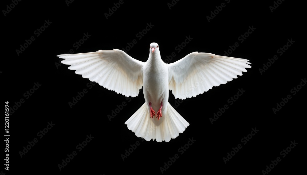 Obraz premium A white dove in flight against a black background, symbolizing peace.