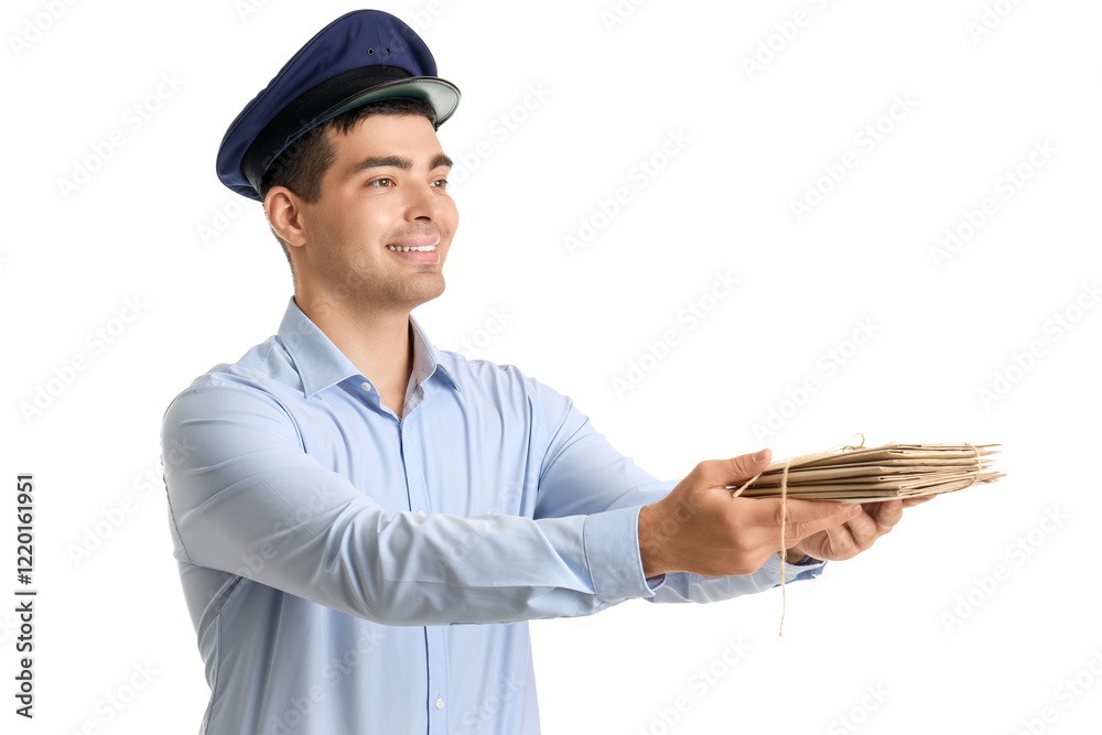 Young postman with letters on white background Young postman with letters on white background