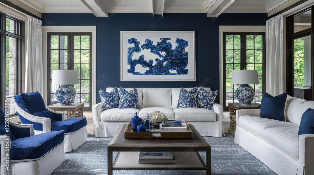 Fototapeta premium Coastal Blue Living Room: Serene coastal living room interior design showcasing a sophisticated color palette of navy blue and white. The room features a comfortable white sofa, blue accent chairs.