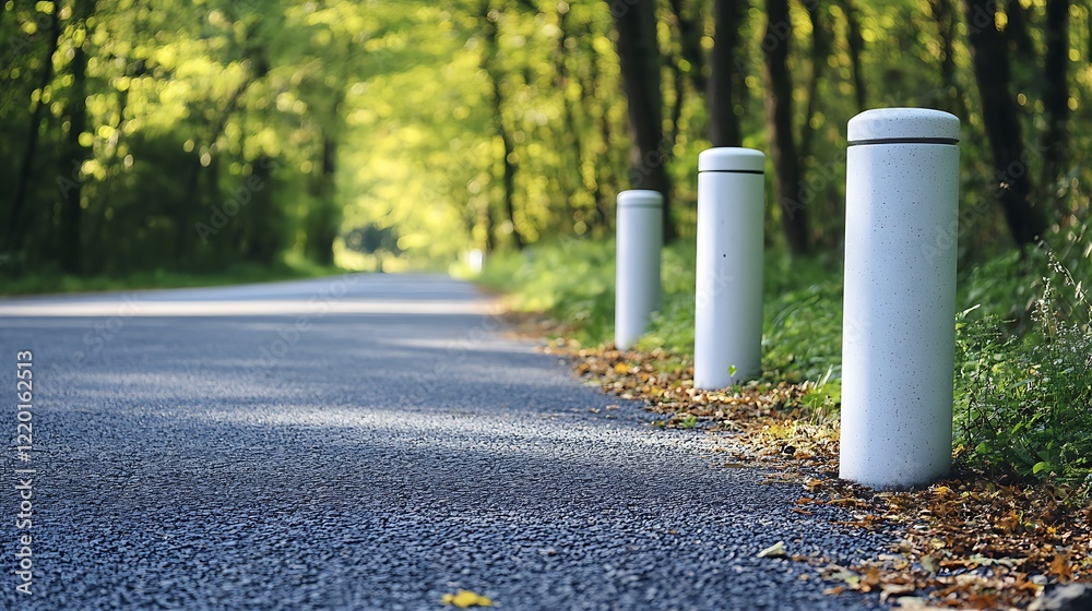 Serene Country Road with White Bollards Serene Country Road with White Bollards
