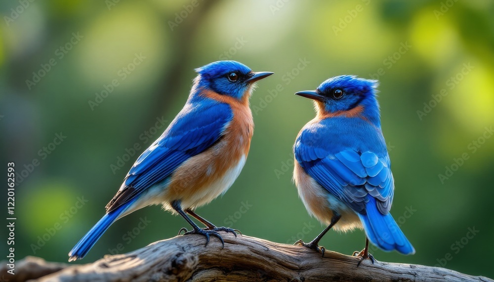 Two Bluebirds Perched on a Branch, Vibrant Colors Two Bluebirds Perched on a Branch, Vibrant Colors