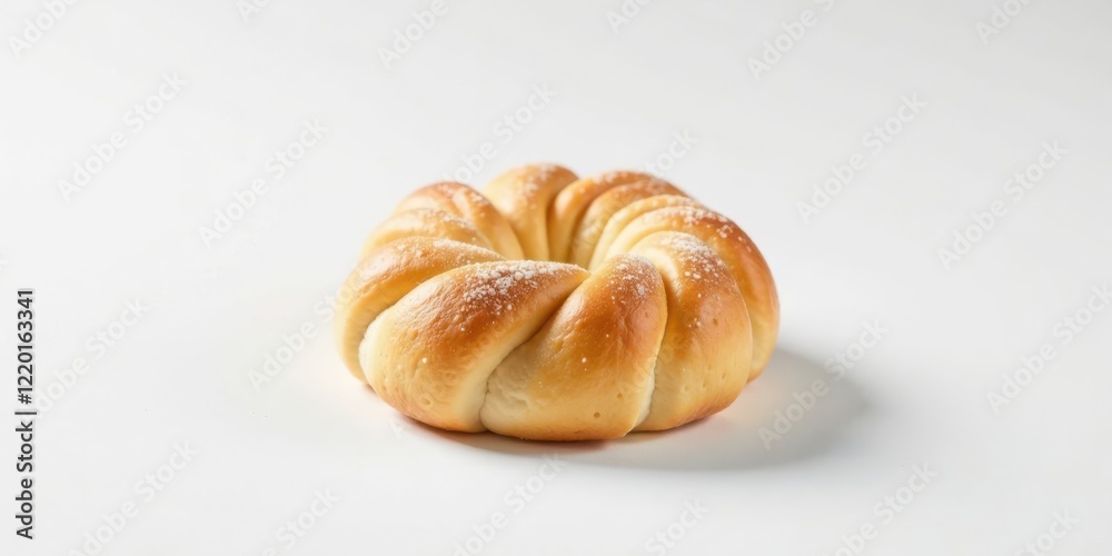A golden-brown baked treat, delicately twisted into a captivating circular formation, rests on a pristine white surface, showcasing its sugary dusting. A golden-brown baked treat, delicately twisted into a captivating circular formation, rests on a pristine white surface, showcasing its sugary dusting.