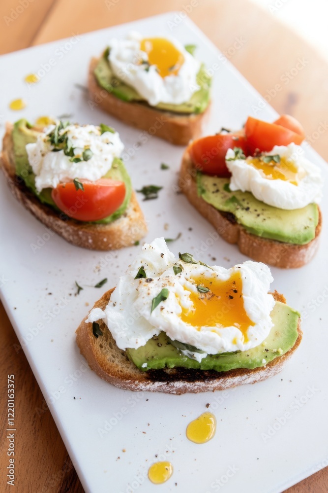 Rustic toast spread featuring avocado, poached egg, and feta in natural light Rustic toast spread featuring avocado, poached egg, and feta in natural light