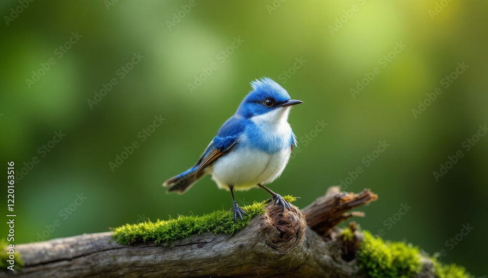 Vibrant Blue Bird Perched on a Moss-Covered Branch