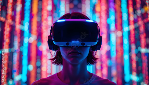 A person is wearing a virtual reality headset, vibrant colorful lights background immersive experience in a digital virtual environment, modern technology for entertainment or simulation purposes photo