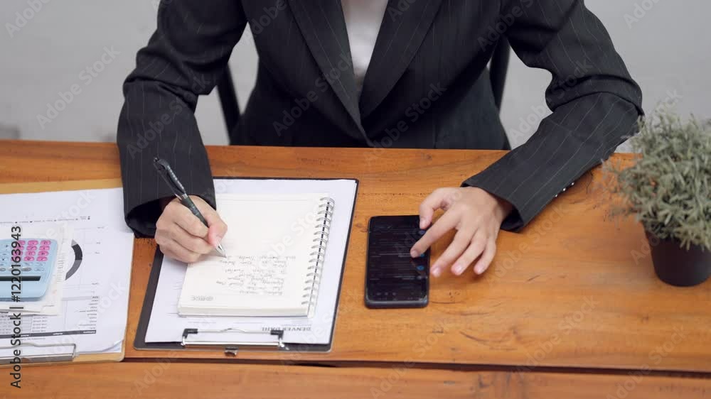 A woman in a suit is sitting at a desk with a calculator, a notebook, and a cell phone. She is focused on her work, possibly working on a financial or business project