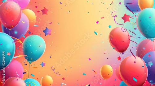 balloons and confetti are flying in the air with a bright background photo