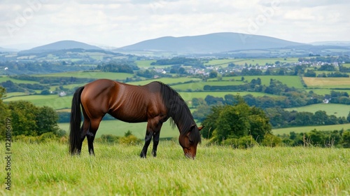 Brown horse grazing pasture, scenic valley view, rural landscape, idyllic farm