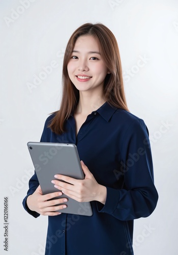 a young asian girl woman is holding a tablet with a happy face . a business woman . Ai generative 
