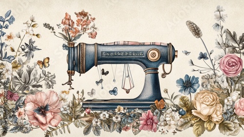 Vintage Sewing Machine Adorned with Exquisite Floral Artwork