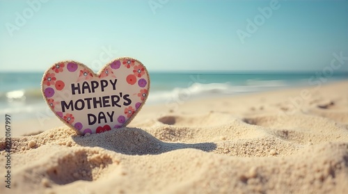 Happy Mother's Day Beach Heart Sign:  Pastel Floral Decorated Wooden Heart on Sandy Shore, Ocean Background
