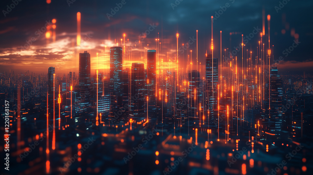 Fototapeta premium Futuristic Cityscape at Sunset with Glowing Digital Lines