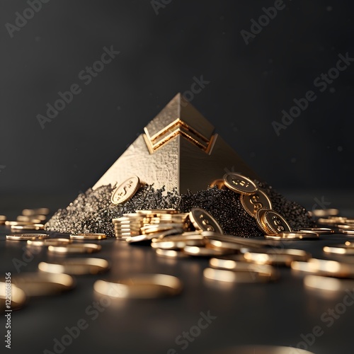A golden pyramid sits atop a mound of dark material, surrounded by scattered coins, symbolizing wealth and prosperity.