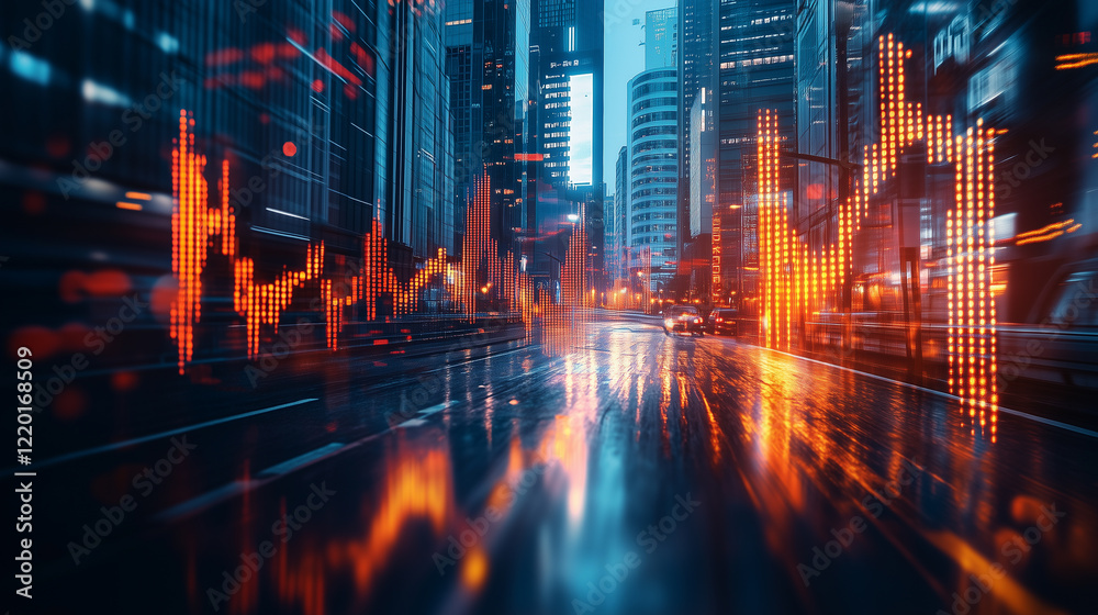 Obraz premium Dynamic Cityscape at Night, with Data Streams Reflecting on Wet Street