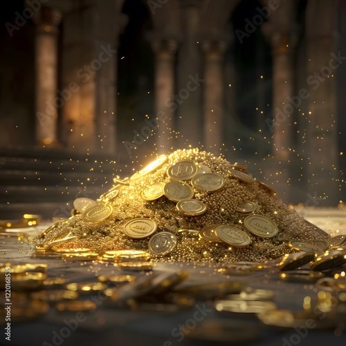 A shimmering pile of gold coins gleams in a dimly lit space, exuding wealth and luxury, surrounded by an ancient architectural backdrop.