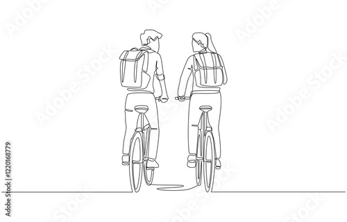 Continuous one line drawing of two female and male office colleagues riding bicycles to work, environmentally friendly commuting to work concept, single line art