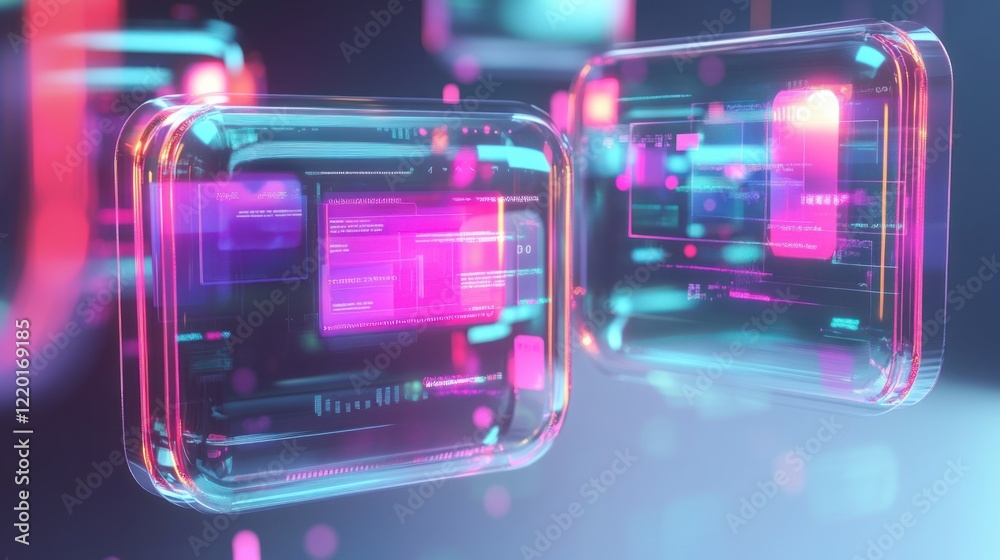 A sleek 3D chatbot generating unique image variations on floating transparent panels with glowing highlights, on white A sleek 3D chatbot generating unique image variations on floating transparent panels with glowing highlights, on white