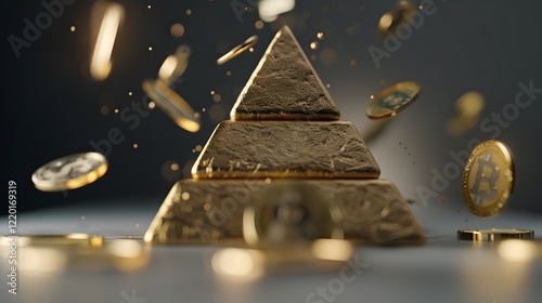 A shimmering pyramid of gold bars surrounded by floating coins creates a striking visual of wealth and prosperity.