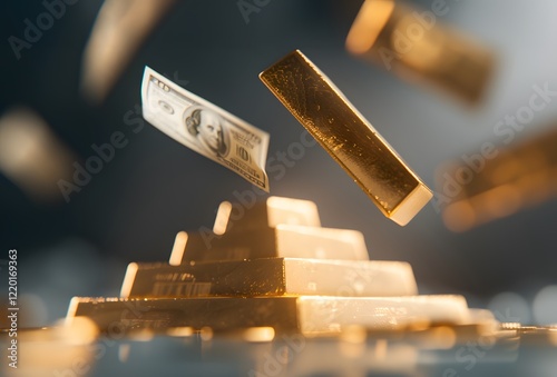 A dynamic composition featuring gold bars and a dollar bill, symbolizing wealth and investment in finance.