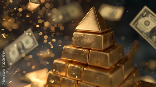 A shimmering pyramid of gold bars is surrounded by falling dollar bills, creating a luxurious and prosperous scene.