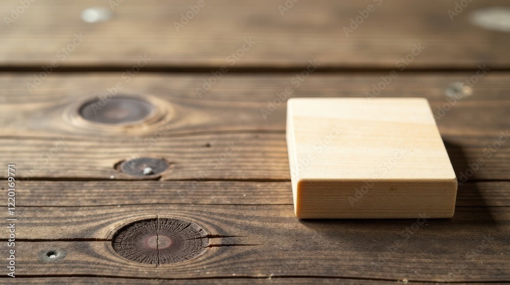 A light-colored rectangular wooden block rests on a rustic brown wooden surface, providing a simple yet elegant backdrop A light-colored rectangular wooden block rests on a rustic brown wooden surface, providing a simple yet elegant backdrop