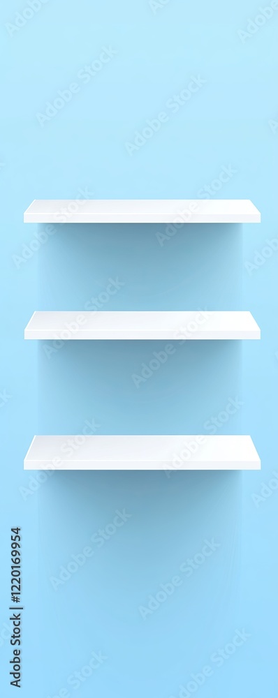 Three empty white shelves on a light blue wall. Three empty white shelves on a light blue wall.