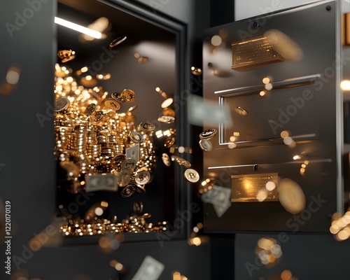 A shiny safe bursting with gold coins and cash, depicting wealth and security in a dynamic, eye-catching manner.