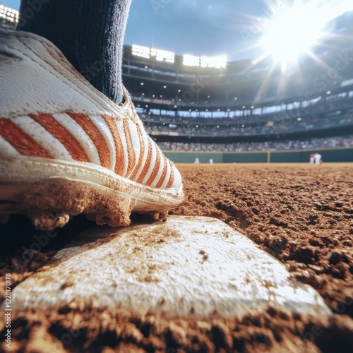 Baseball Player s Cleat on Home Plate  Stadium Background  Sunlight
