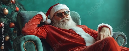 Santa relaxing in chair holiday season portrait festive room close-up