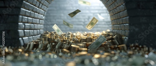 A dark tunnel fills with scattered money and gold, creating a scene of wealth and intrigue.