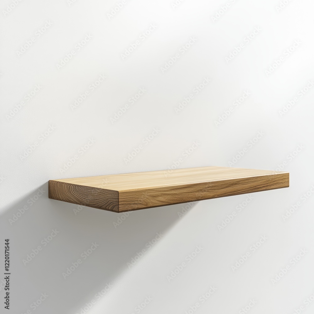Simple light oak wood floating shelf on white wall. Simple light oak wood floating shelf on white wall.